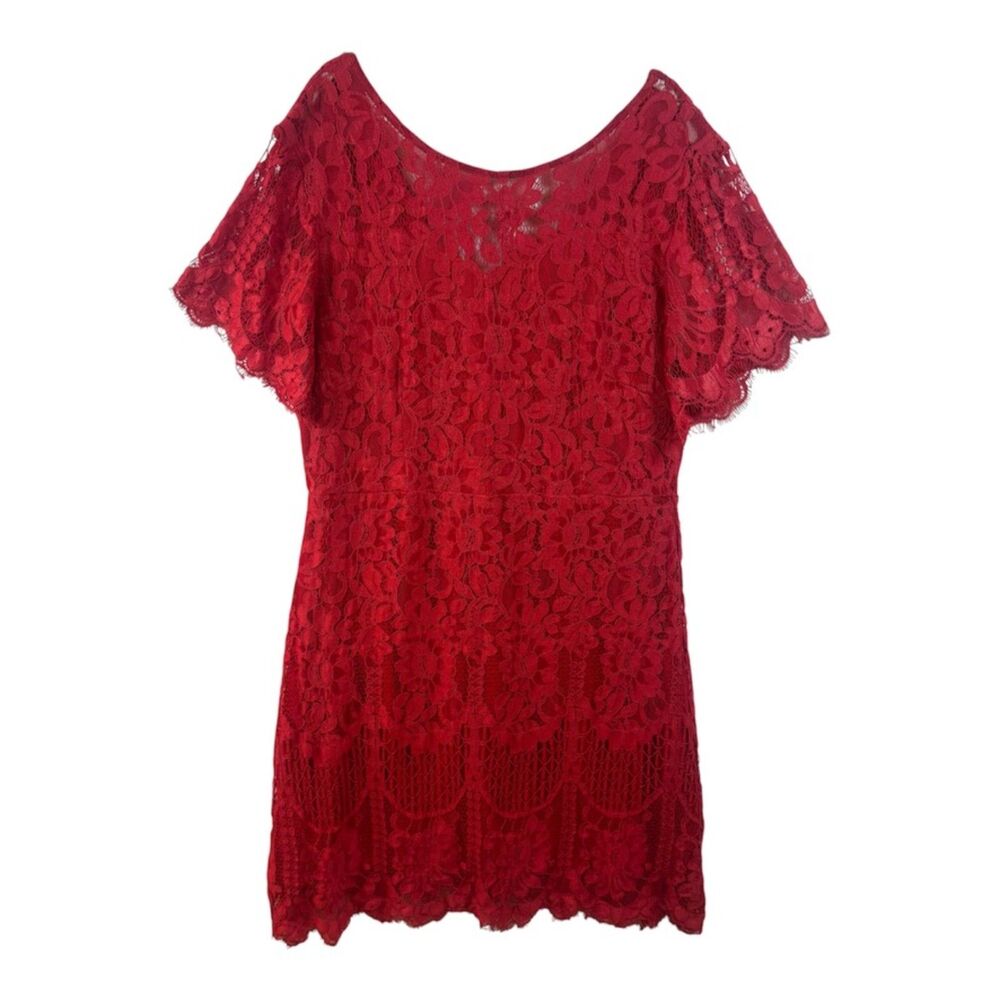 Red Floral Lace Dress Scalloped Flutter Sleeve Lined Womens XXL Party Cocktail